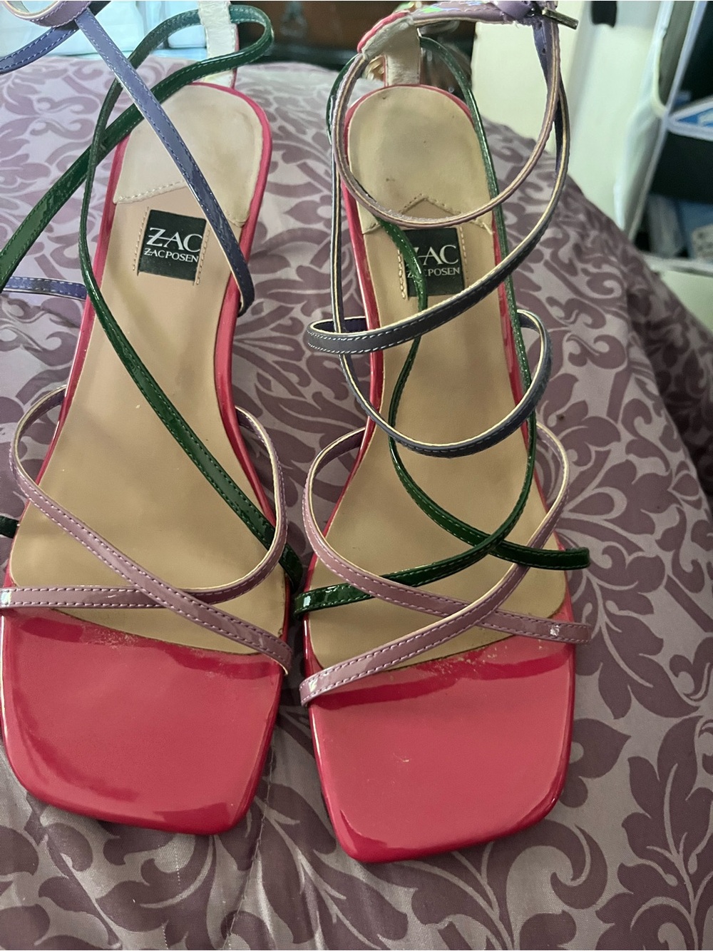 ZAC Zac Posen Pink Multicolor Strappy Square-Toe Heels